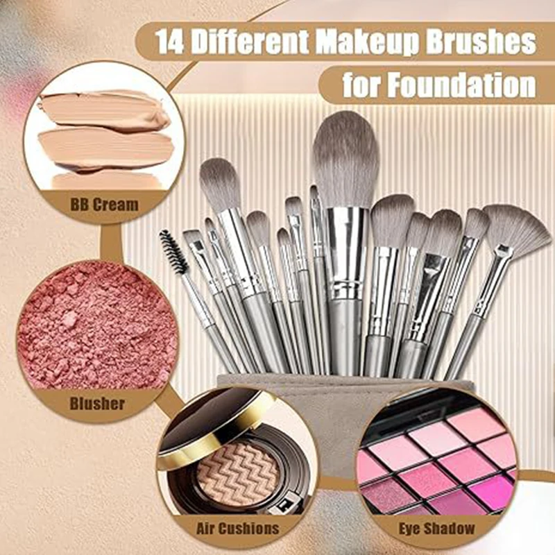14PCS First Sight Makeup Brush Set Soft Bristles with Storage Pouch Ideal for Beginners Full Face Makeup