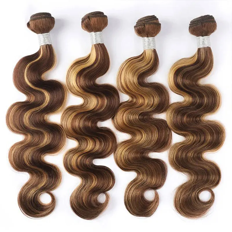 Body Wave Honey Blonde Highlight Human Hair Weave 3 Bundles 100% Brazilian Human Hair Bundle Extensions 4/27 Ombre Color Bundles