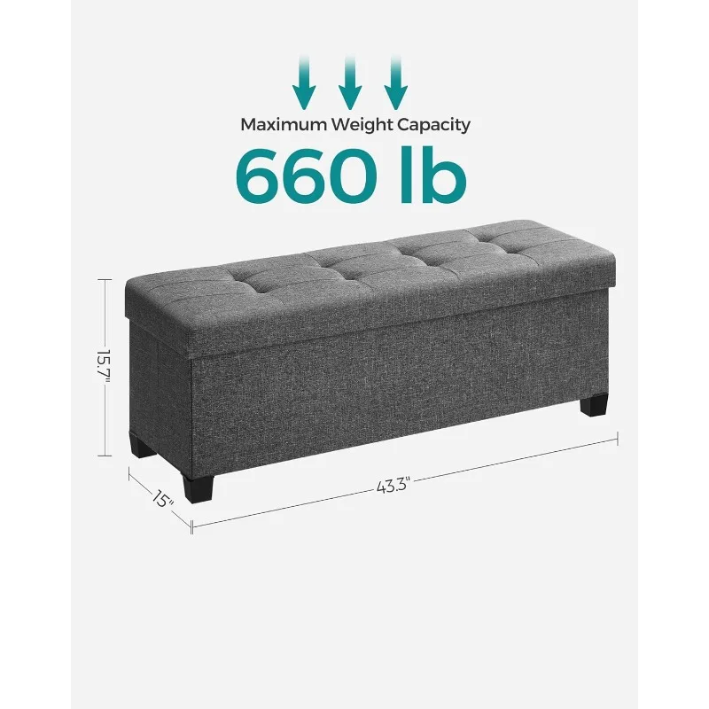 Storage Ottoman Bench, Foldable Foot Rest with Legs, 15 x 43 x 15.7 Inches, End of Bed Bench, Storage Chest, Load up to 660 lb