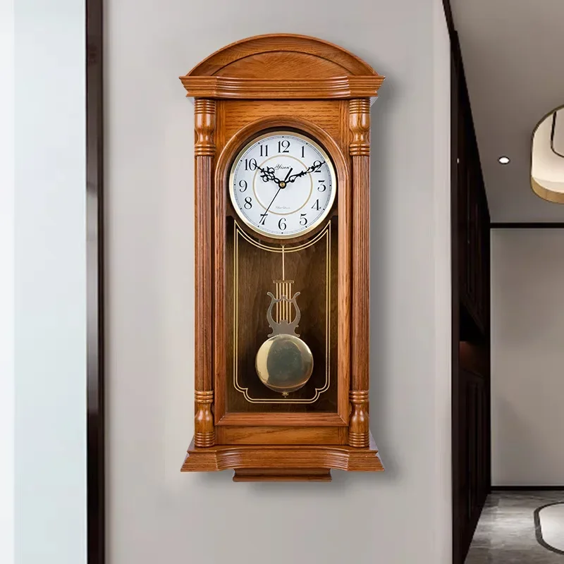 Retro solid wood wall chimes on the hour, living room wall clock, home silent atmosphere wall watch creative quartz clock