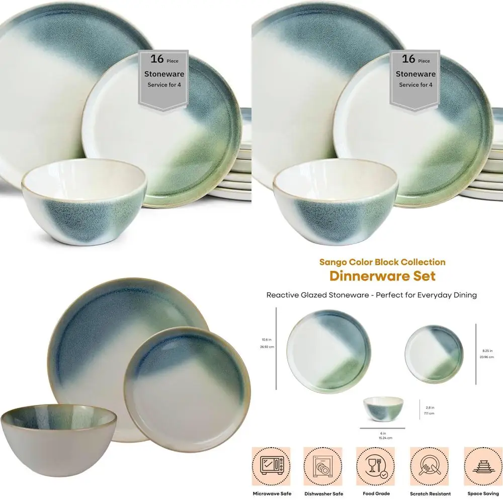 

Набор столовой посуды из керамики на 4 человека синего, зеленого и белого цвета, глянцевая отделка, керамические тарелки и миски премиум-класса, микроволновая печь и посуда