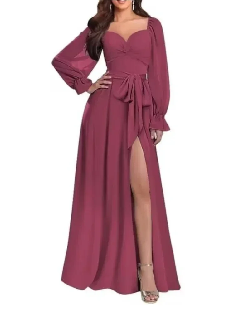 

Popular High Slit Cocktail Prom Gowns Long Sleeve Chiffon Formal Evening Dresses Elegant Lace Up Solid Wedding Guest Dress Robe