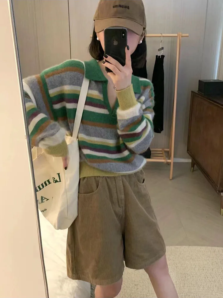 

Свитер из 100% чистого кашемира с лацканами в зеленую полоску в стиле ретро, мягкий восковой свитер в тон, свитер с воротником-поло Джокера