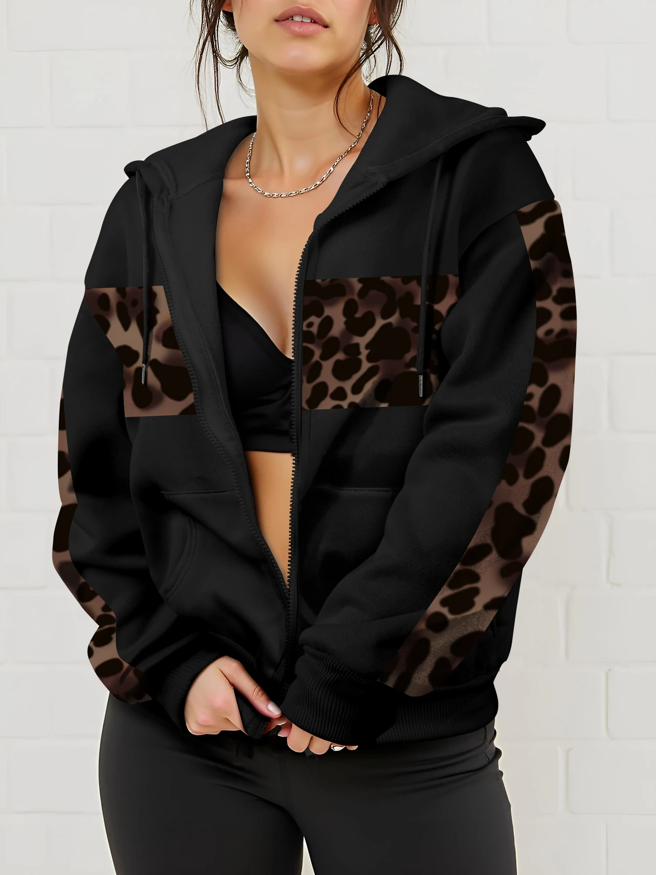 Women Zip Up Hoodie Leopard Print Patchwork Long Sleeve Drawstring Hooded Jacket Casual Streetwear Sweatshirt