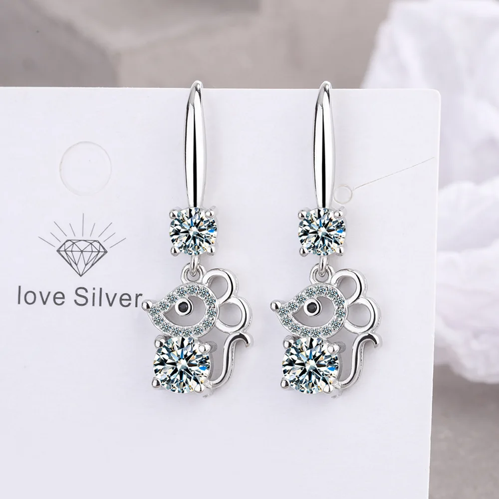 Solid 925 Sterling Silver Zircon Crystal Jewelry Cute Mouse Drop Earrings For Lady Fashion FQL25073