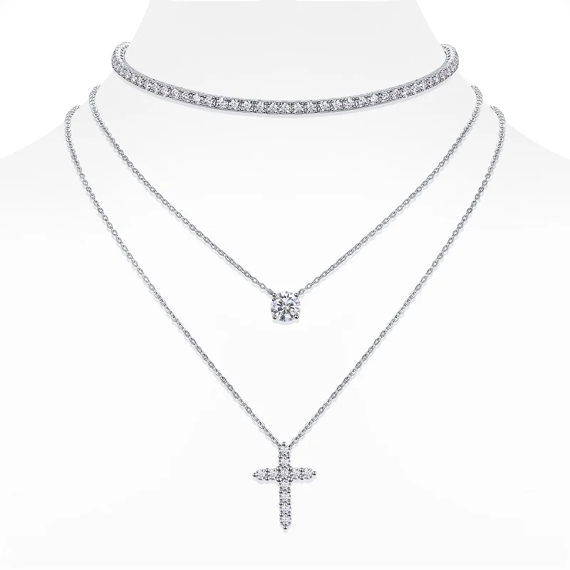 JIUZUAN S925 Silver Moissanite Layered Necklace Set, D Color VVS1 Pendant, Triple Chains Sparkling Jewelry for Christmas Gift Wo