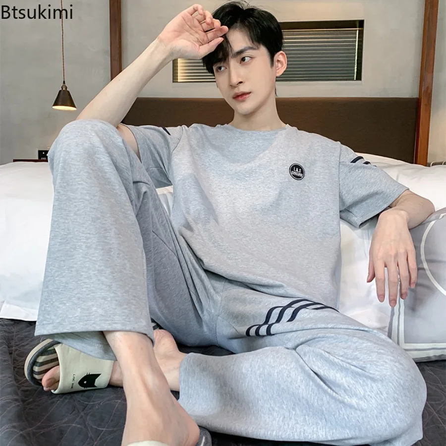 

Fashion New Men's Pajamas Sets Summer Thin Cotton Homewear Two-pieces Short-sleeve Tops with Pants Men Simple Lounge Nightwear