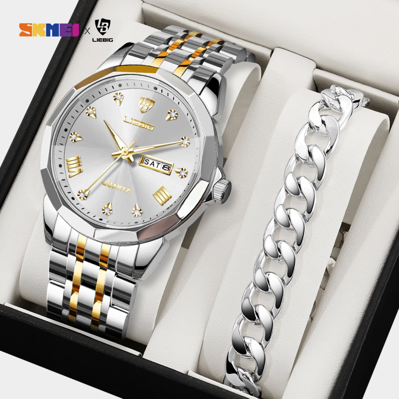 

LIEBIG Мужские часы Водонепроницаемые наручные часы и браслет Женские роскошные кварцевые часы с механизмом Мода Бизнес День Дата Время Relo