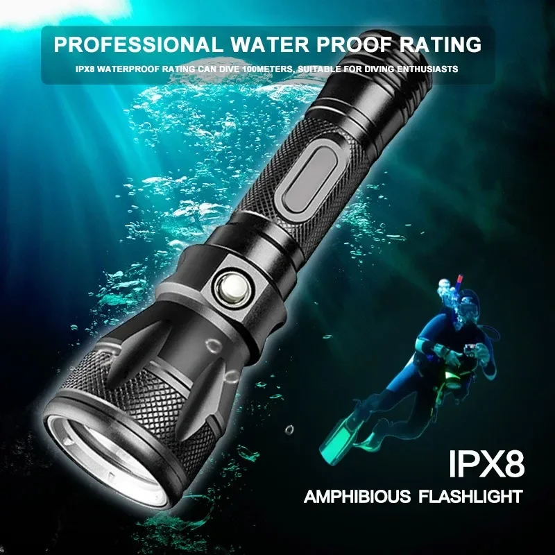 High-power LED Flashlight Long-range Diving Light Emergency Underwater Lighting 3 Lighting Modes for Underwater Fishing Patrol