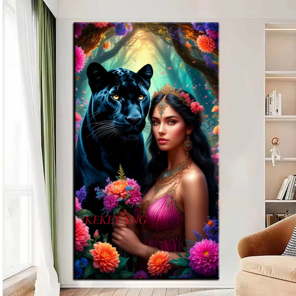 فتاة جميلة والنمر الأسود صورة DIY ألواح تلوين حرفية لامعة غرزة التدريبات الكاملة الماس الفسيفساء مجموعة جديدة ديكور المنزل