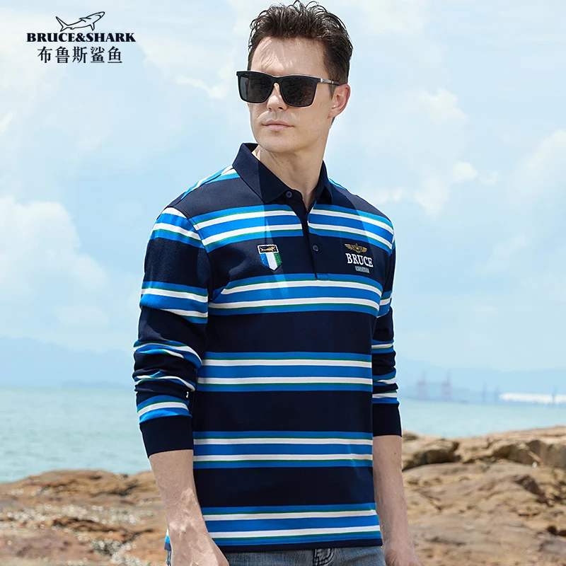 2023 Men's Polo Striped Long Sleeve Thicken Cotton Shark Men Winter Clothes Loose Fashion Brand Casual Undershirt Big size 4XL