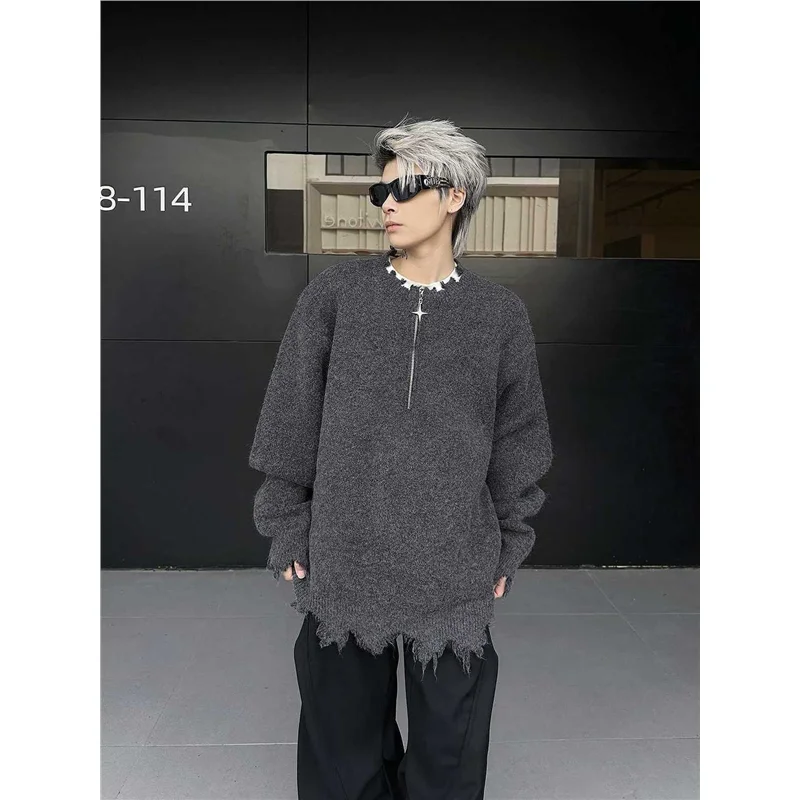 

Men's Loose Fit f Zip Knitted Sweater Autumn Winter American Sle Cleanfit Nerd Head over Tailoring Casual Knitwear