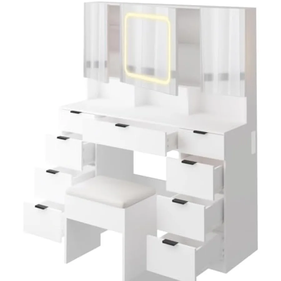 

Большой туалетный столик с 3-мя открывающимися зеркалами и светодиодной подсветкой, туалетный столик с полным хранилищем за зеркалом, столик для макияжа с Dr