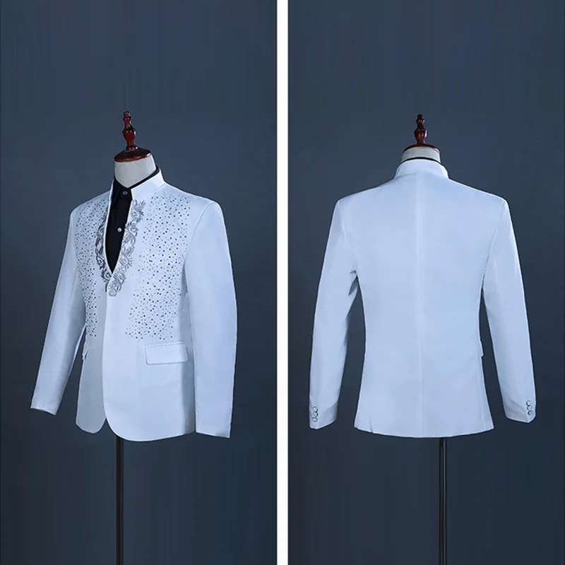 2-Piece Embroidered Diamond Suit White Mens Stand Collar/Lapel Men For Wedding Groom Tuxedo Prom Stage Suits (No Tie)