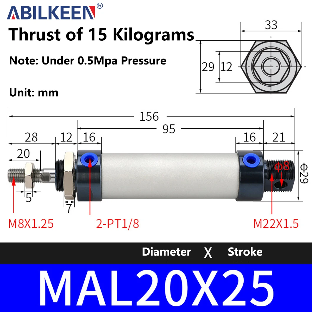 ABILKEEN MAL Mini Air Cylinder MAL20 25~500MM Stroke Double Acting Piston Cylinder Mini Aluminum Alloy Pneumatic Cylinder