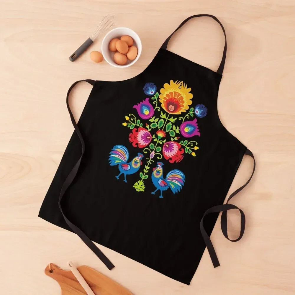 Folk composition with flowers and roosters - wycinanki on black Apron Kitchen accessories kitchen girl Apron