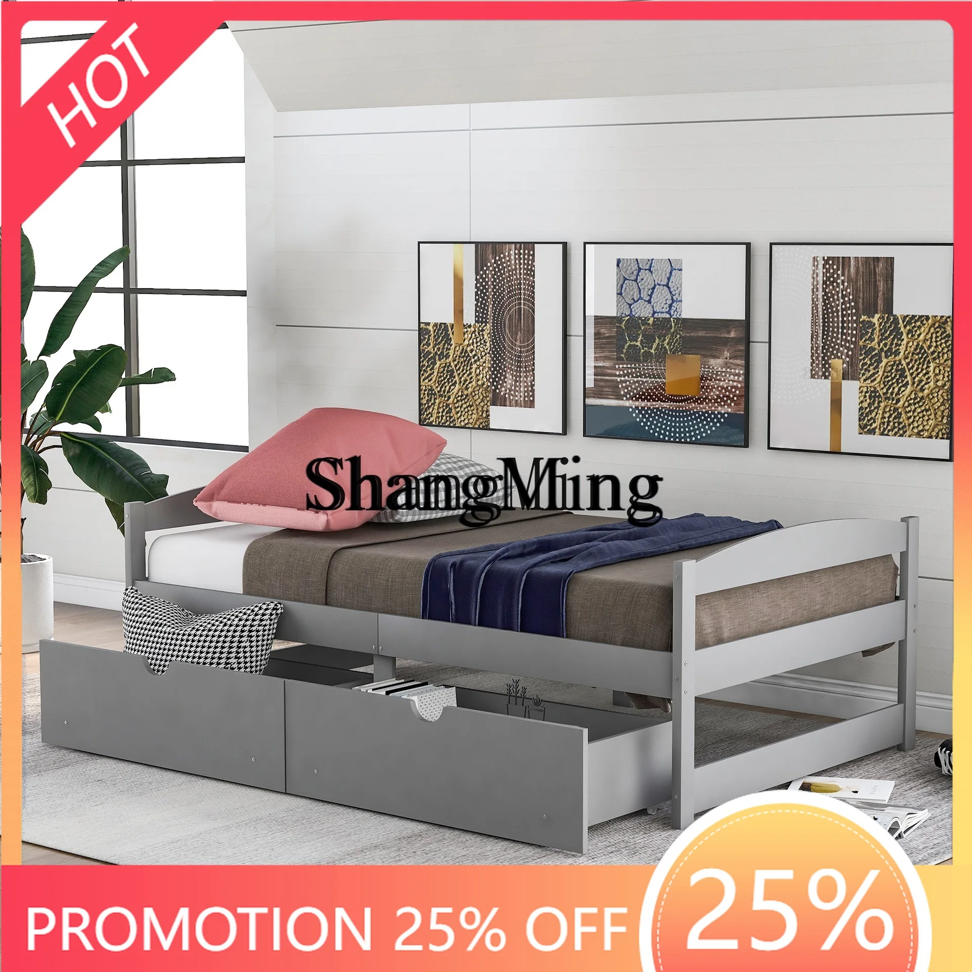 هيكل سرير خشبي بني CL مع درجين للتخزين، سرير قوي من الخشب الصلب