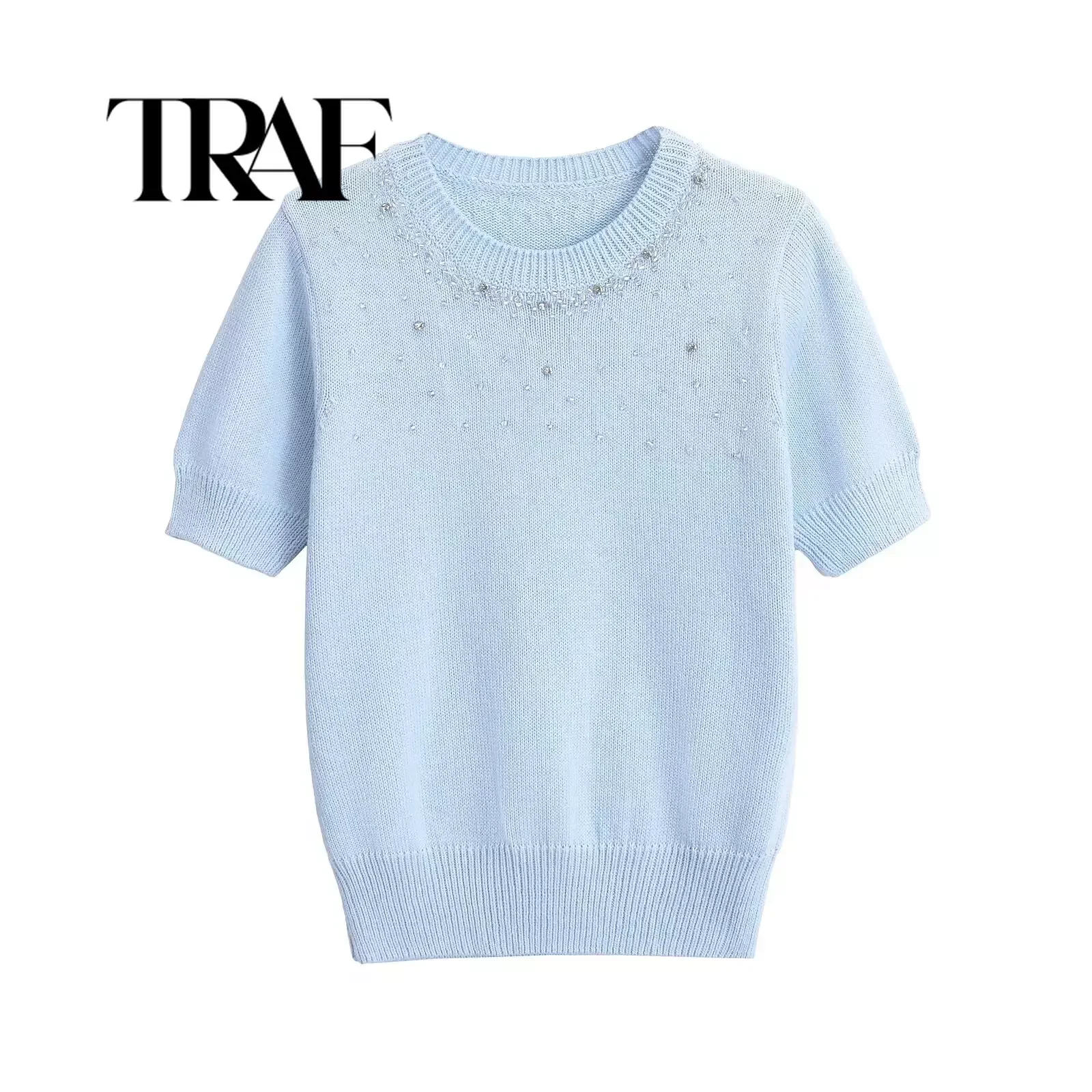  TRAF Women Fashion Street Style Rhinestone Round Neck Pullover Knitted Sweater Slim Fit Short Top