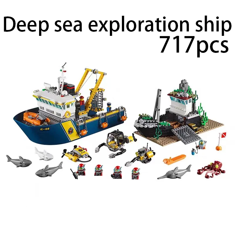 MOC City Deep Sea Exploration Steamer Boat Building Blocks 60368 60266 Urban Ocean Ship Mini Model Kids Bricks Birthday Gifts