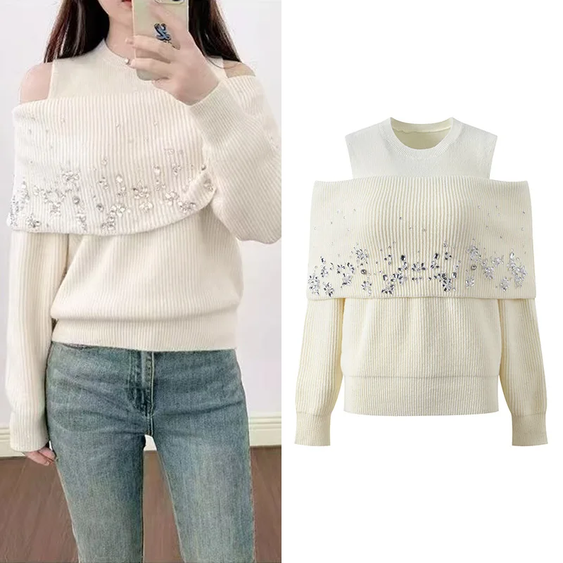 

Ele round Ne oulder Bared Knitted Sweater with Diamond Decoration Fake Two-Piece Design Autumn Winter New Arrival