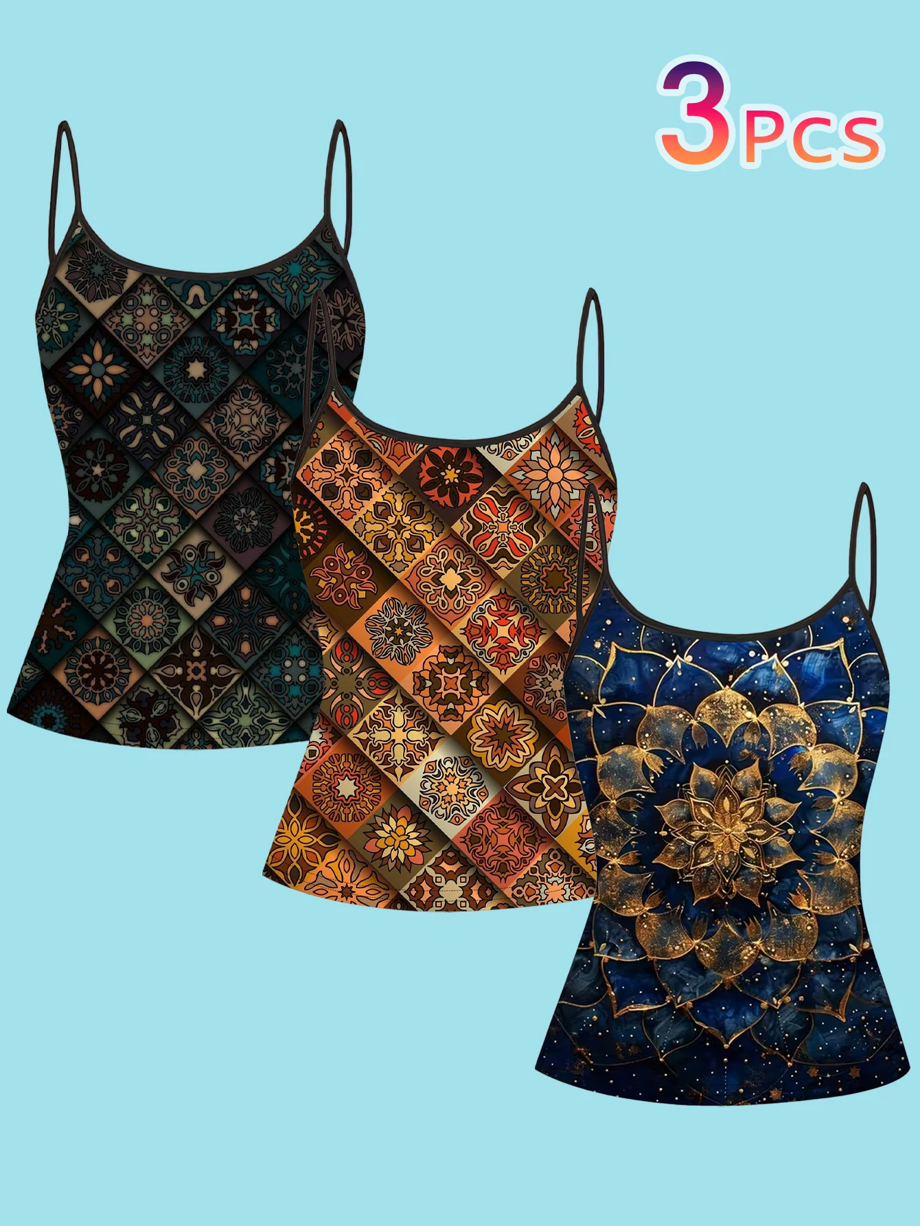 3-Piece Set of Mandala Ethnic Style Tile Pattern Printed Spaghetti Strap Tank Tops, Moroccan Vintage Gold Lotus Slim Fit Sleeveless Tops, Bohemian Vacation Style Inner and Outer Wear Base Layer Shirts