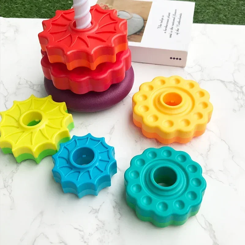 Cognition rainbow spinning tower toy funny early education geometric ring stacking block Sensory Toys for Toddler