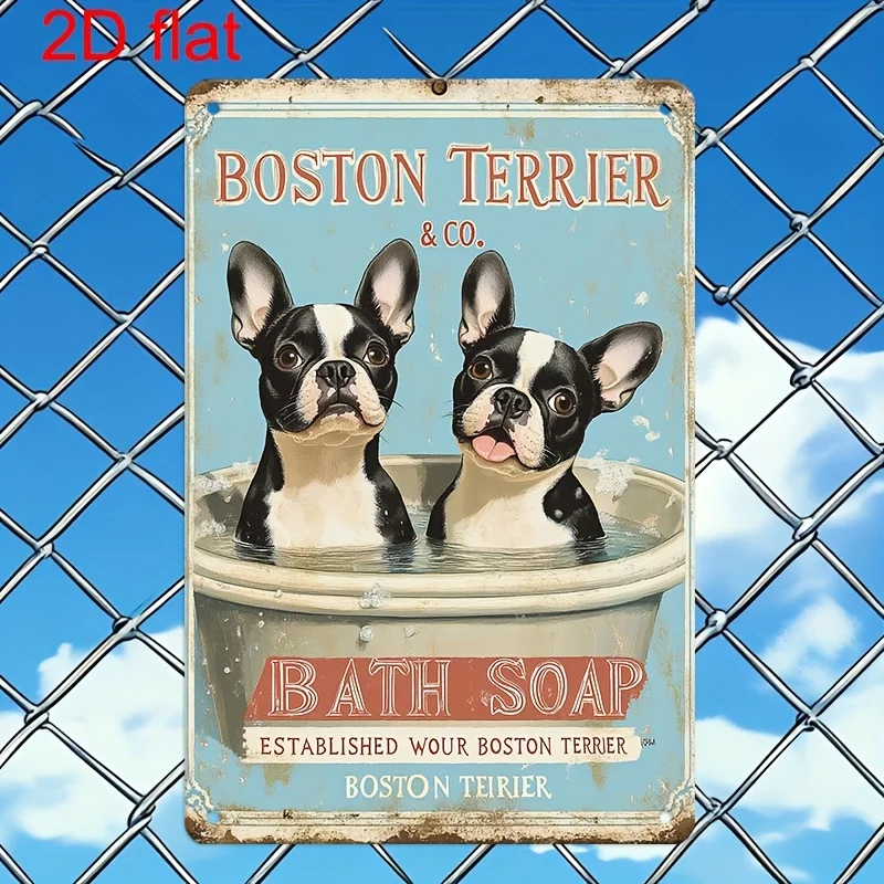 Vintage Metal Wall Sign - Boston Terriers Bath Time Retro Decor, Durable Pre-Drilled Holes for Easy Hanging,  , Indoor/Outdoor
