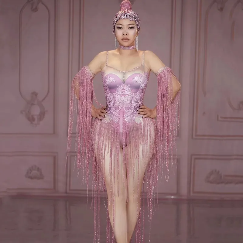 Pink Tassel Rhinestone Jumpsuit Women Singer Dancer Bar Stage Performance Clothes Birthday Party Fringe Tight Show Dance Costume