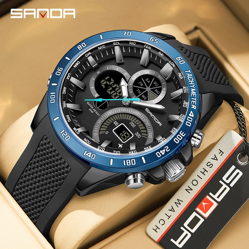 Fashion Sanda Top Brand 3175 Men's Electronic Quartz Dual Movement Screen Black Technology Multi Functional Waterproof Watches