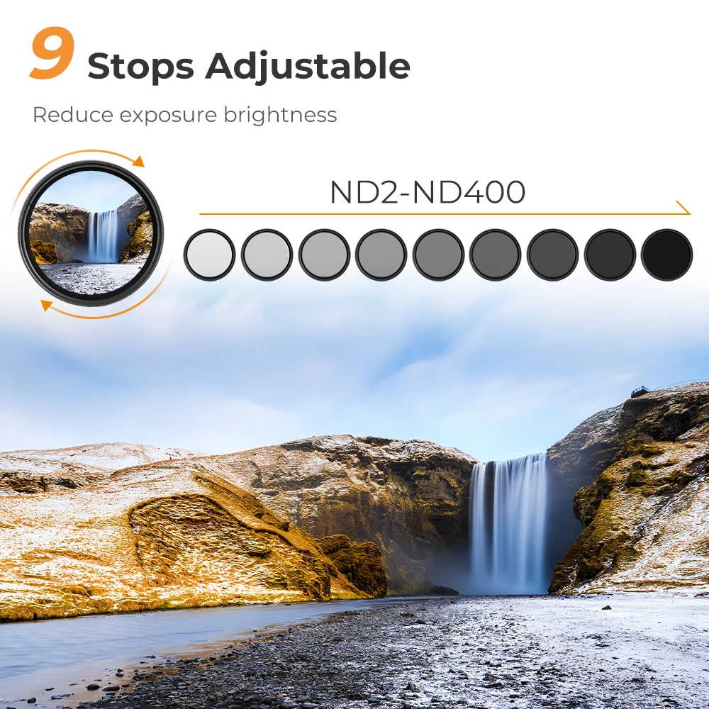 K&F Concept ND2-ND400 Fader Variable ND Filter 37/43/49/52/55/58/67/77/82mm Adjustable Neutral Density DSLR Camera Lens Filter