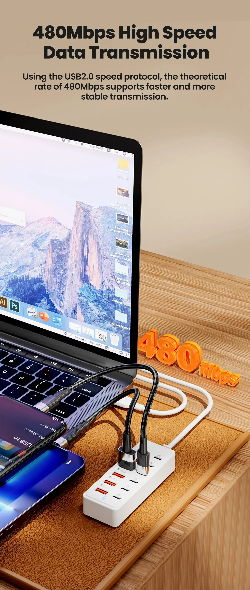Auto-Schnellladegerät mit Mehrfachanschlüssen, 6-Port USB-Hub-Adapter Telefonladegerät & Stromanzeige, Kompatibel mit USB-C/USB-A-Geräten – Detail 4