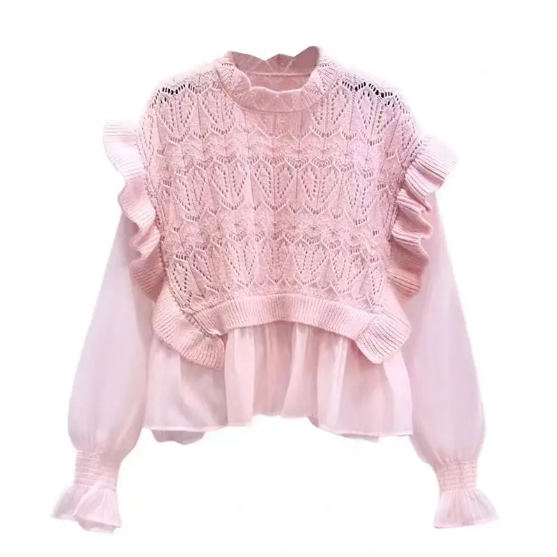 Women Sweater Fashion Patchwork Lace Ruffles Knitwear Korean Hollow Out Y2K Tops 2024 Spring Autumn Woman Swaters Pullover U1011