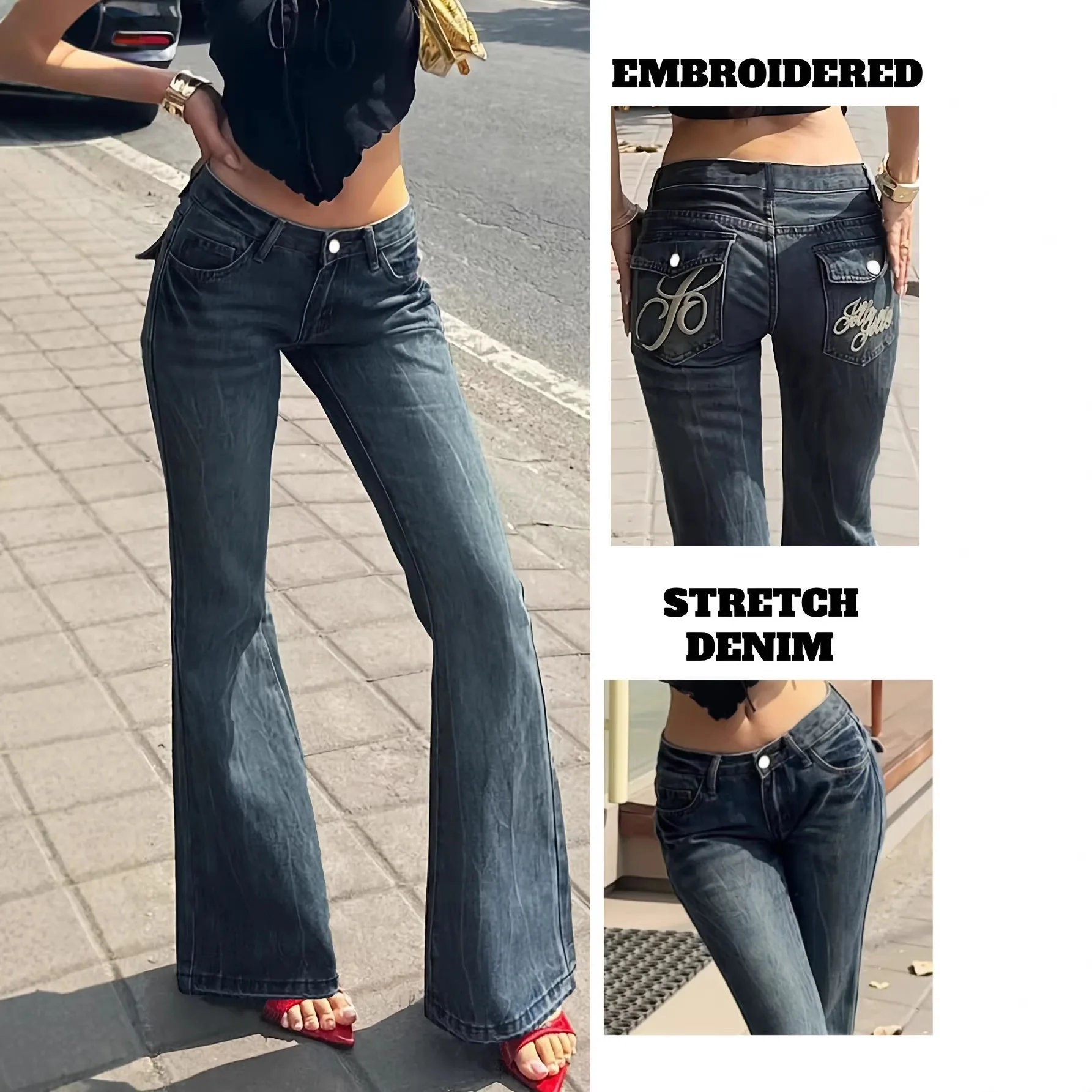 Women's Jeans Letter Embroidery Retro Low-rise Micro-pull Jeans Women, Elastic Denim Trousers, Source Manufacturer Spot