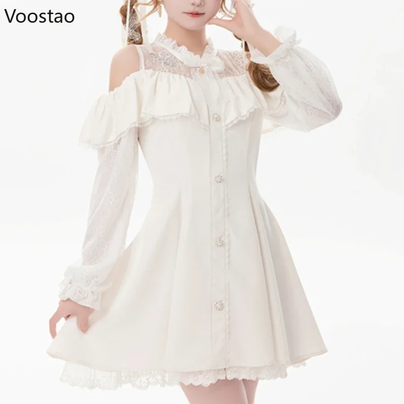 Japanese Style Gothic Lolita Dress Women Elegant Sweet Bow Off Shoulder Lace Long Sleeve Princess Dress Harajuku Y2k Party Dress