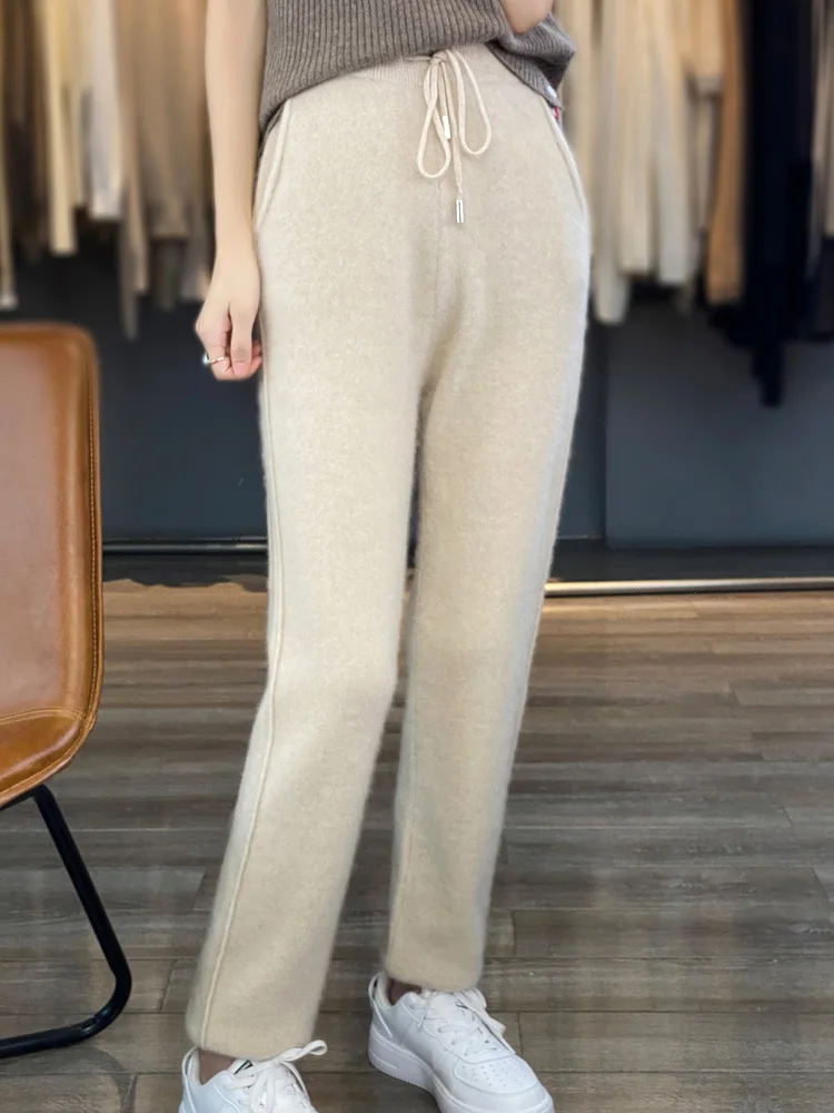 Spring Autumn High Waist Simple Style Office Lady Trousers Slim Cashmere Pants 100% Merino Wool Knitwear Women Wool Pencil Pants