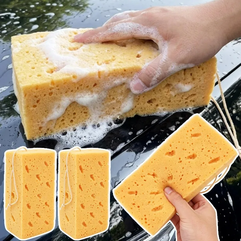 Extra Large Car Wash Sponge Yellow Honeycomb Block Rich Foam Auto Detailing Tool Window Glass Cleaning Pad with Hanging Rope