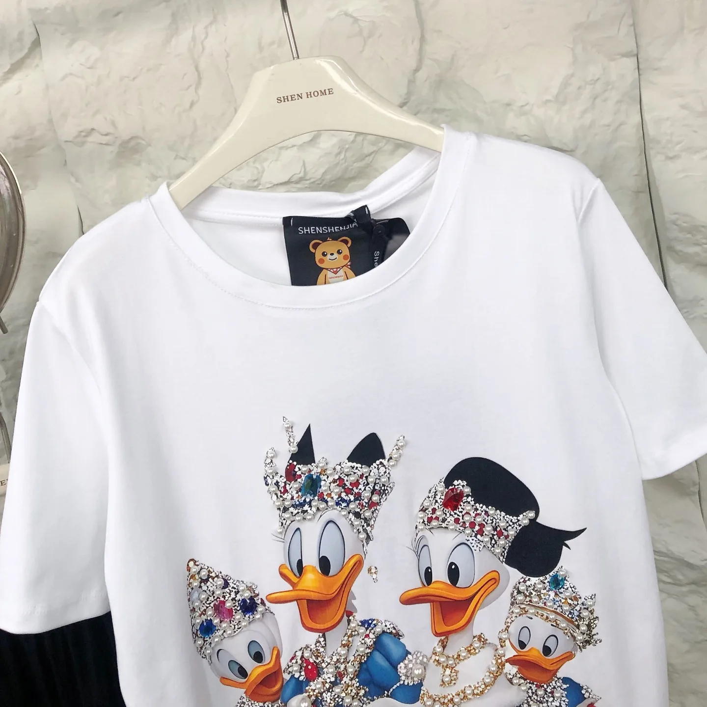 트렌디 한 여름 여성 티셔츠 2025 새로운 달콤한 만화 프린트 느슨한 o 넥 풀오버 탑 비즈 진주 모든 경기 캐주얼 코튼 티셔츠