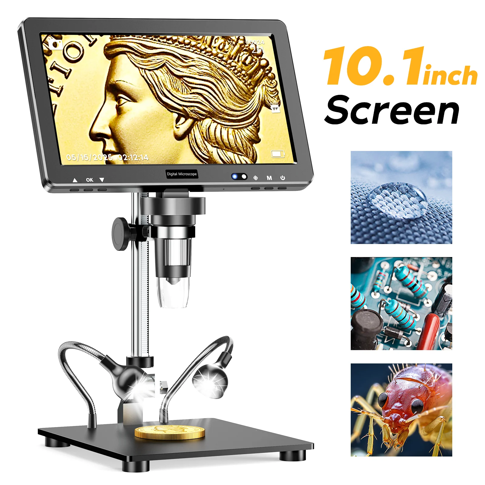 

10,1-дюймовый цифровой микроскоп с увеличением HD 1500X, паяльный микроскоп с 10-светодиодной лупой для микроскопа для монет, растений