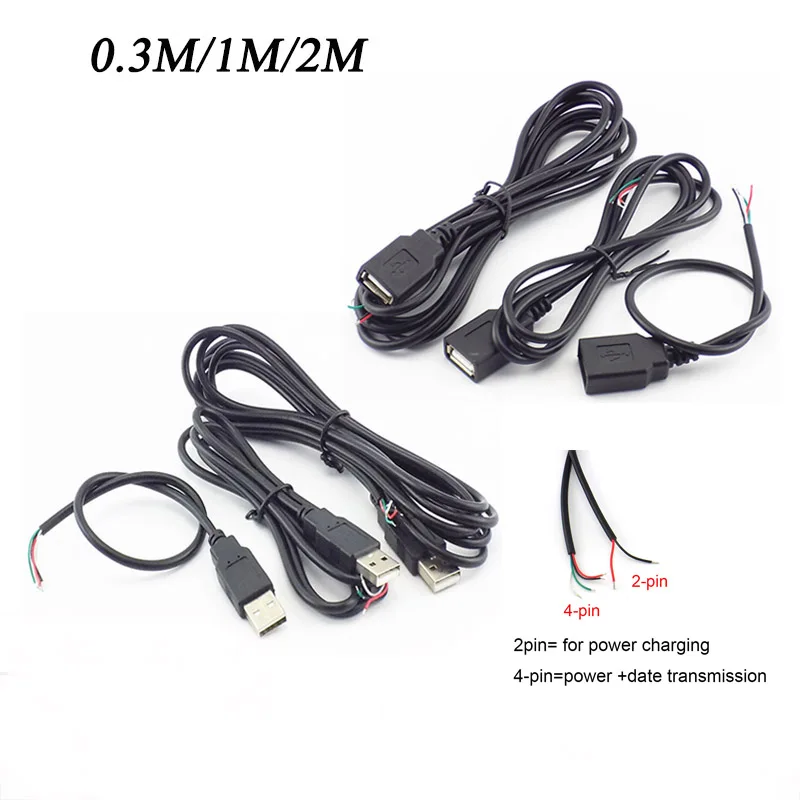 USB Connector Male Female Cable 4 Pin Wire Data Cable Extension Cord 2 Pin Power Supply for DIY 5V Adapter Charging 0.3M 1M 2M