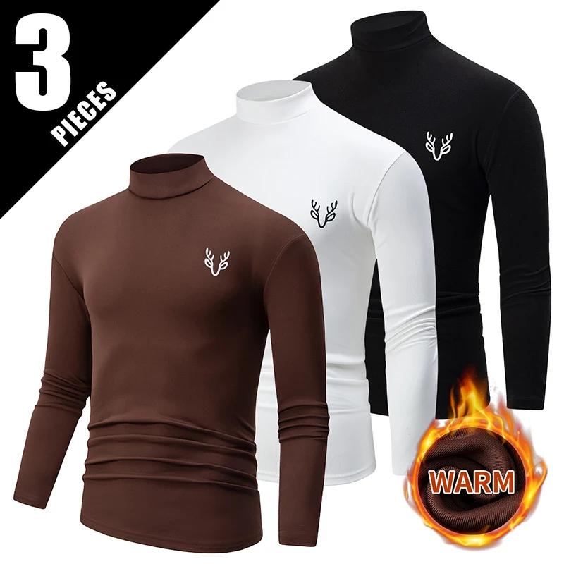 3-piece Men's Autumn And Winter Brushed Top Thick And Fashionable Solid Color Half High Neck Base Shirt Casual And Warm T-shirt
