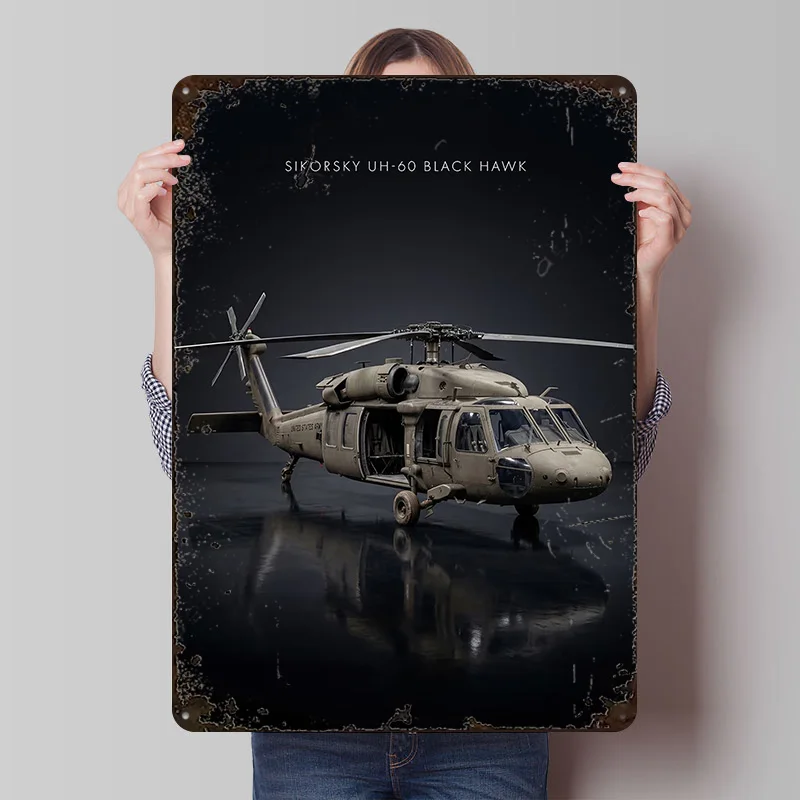 Sikorsky UH-60 Black Hawk Hubschrauber Blechposter, individuelle Wandkunst, Vintage-Metallschilder, Retro-Blechplakette für Garagendekoration