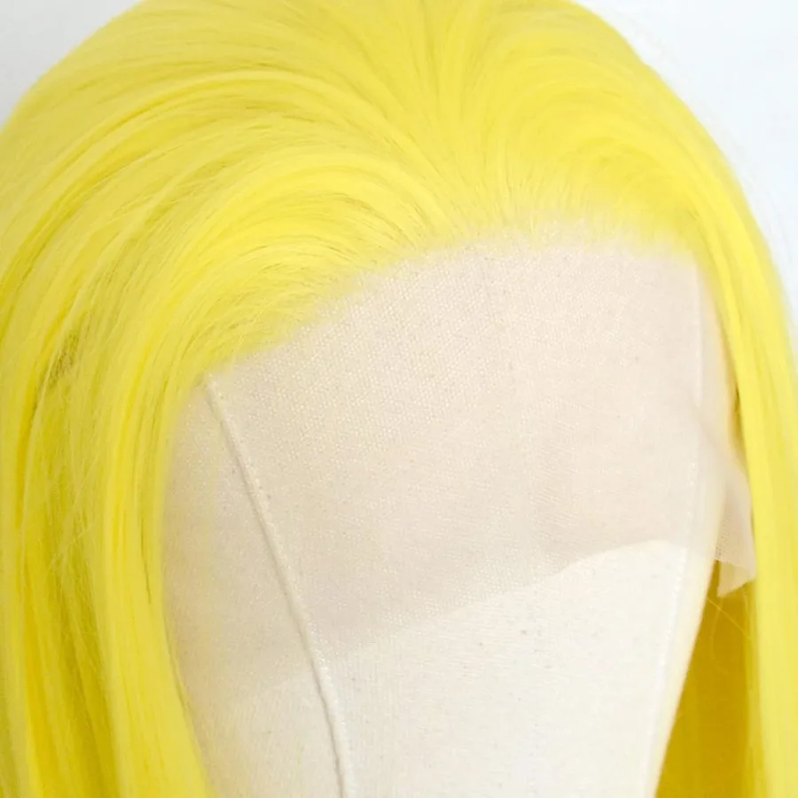 الليمون الأصفر الدانتيل الجبهة الباروكات الاصطناعية حريري مستقيم مثير الأصفر اليد تعادل استبدال الباروكات مقاومة للحرارة للحزب تأثيري D #6