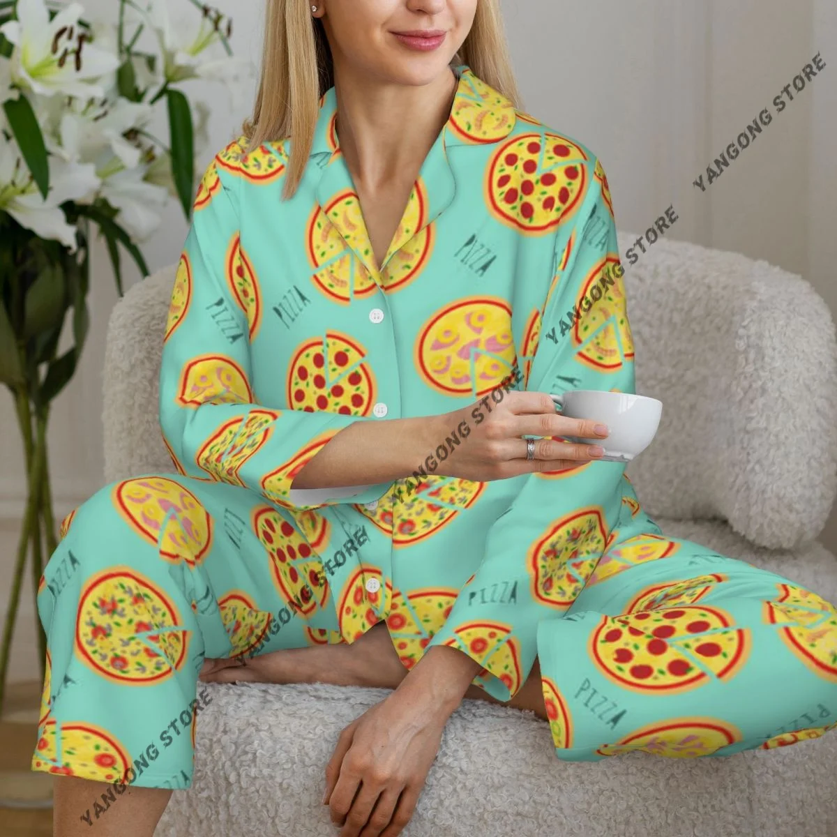 Spring and Autumn Long Sleeve Pants Pajamas Loungewear Set Pizza Pattern Women's Pull Edge Loose Sleeping Suit