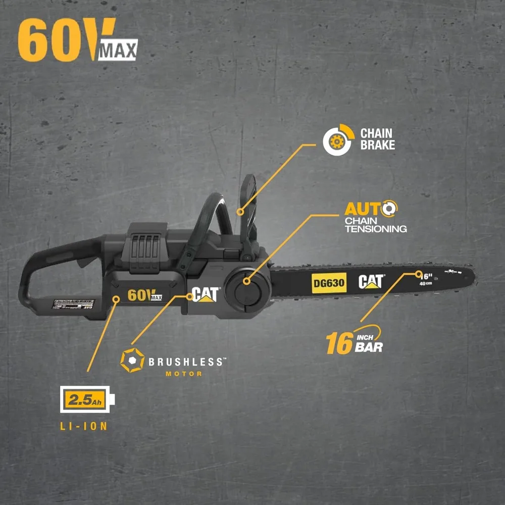 60V Cordless 16-Inch Electric Chainsaw with Tool-Free Chain Tensioning and Chain Brake