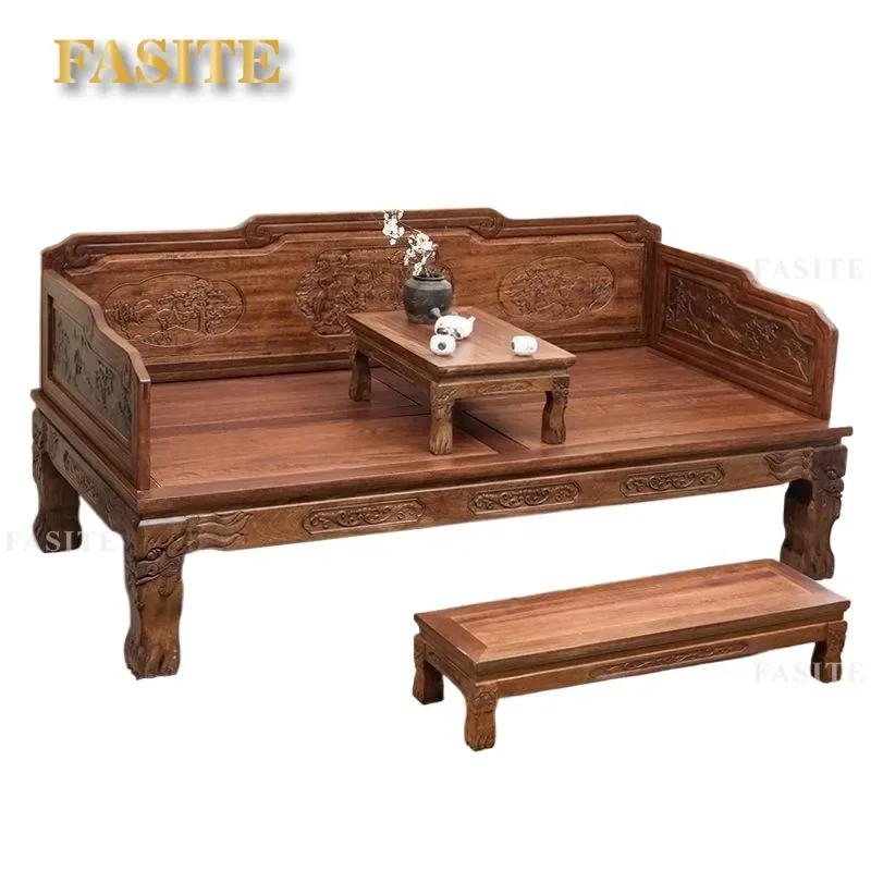 For Chinese Style Solid Wood Arhat Bed Pineapple Grid Gold Huali Antique Furniture Simple Zen Sofa Bed for Hotel Teahouse