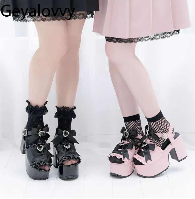 Japanese Rhinestone Bowknot Platform Thick Sole Shoes Lolita Mass-Produced Sweet Cute Girls Versatile High Heel Sandals