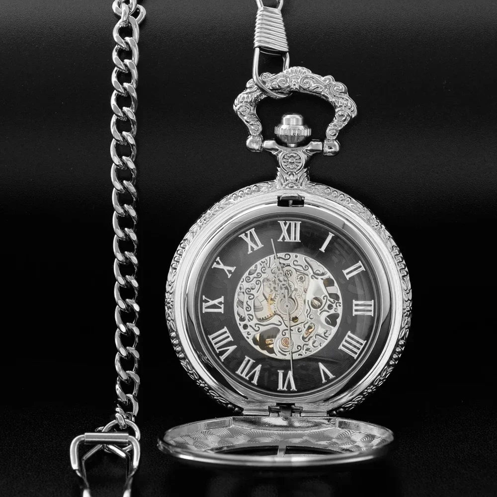 Luxury Gentlemen Silver Mechanical Pocket Watch Hand Winding Roman Numerals Display Pendant Fob Clock Retro Souvenir Gifts Male