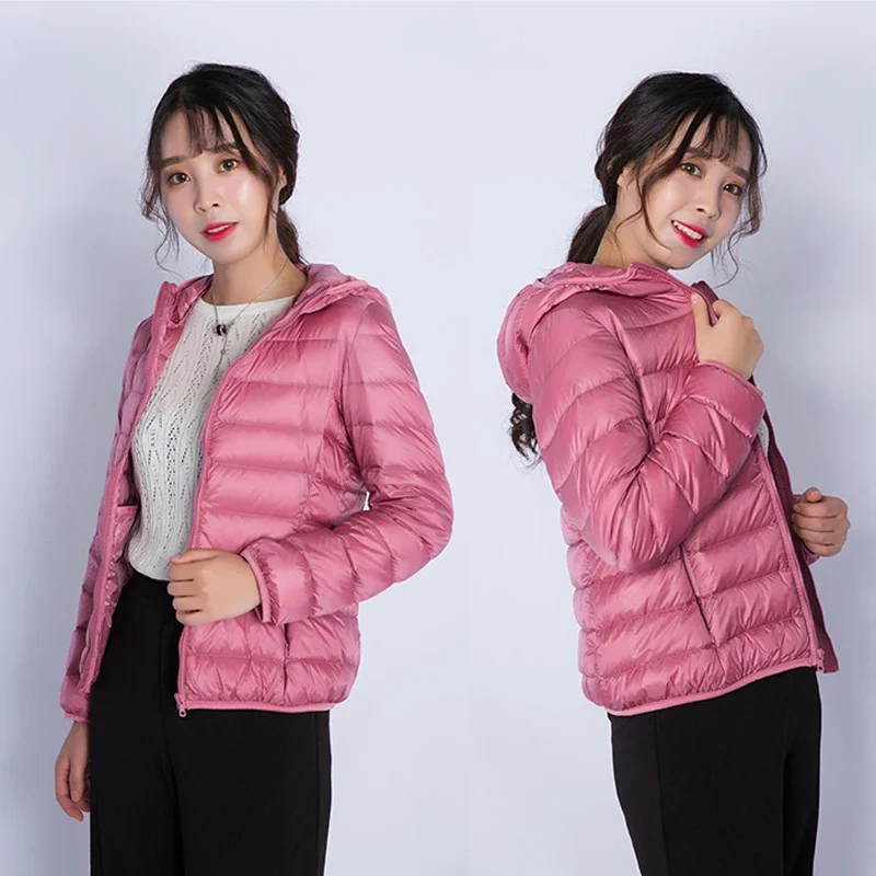 2024 Women White Duck Down Jackets Autumn Winter Female Hooded Ultra Light Portable Coats Windproof Long Sleeve Slim Warm Parkas