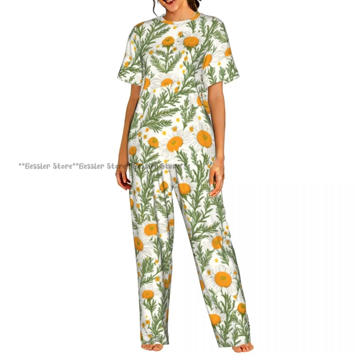 

Пижамный комплект с цветочным узором и листьями, короткий рукав, женская домашняя одежда