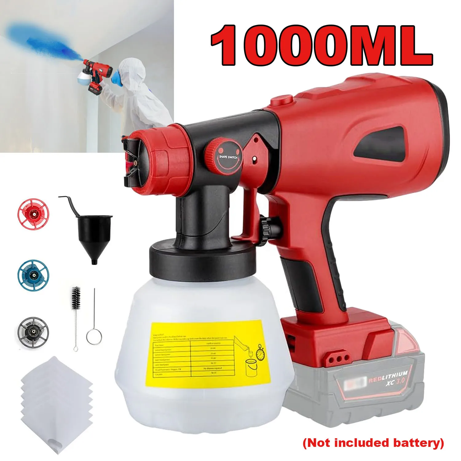 

Беспроводной распылитель краски, сменный аккумулятор Milwaukee, ручной электрический распылитель краски с контейнером 1000 мл, насадка из 3 предметов